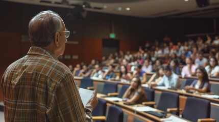 Rear view of an adult professor giving a lecture to a large group of students in a classroom.