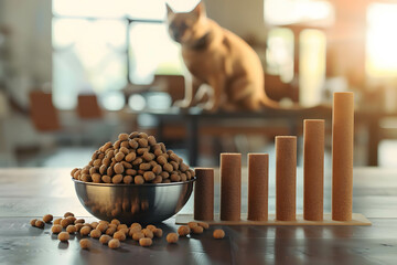 The growth of the pet trend and animal feed or pet food industry concept, animal feed bowl and bar chart, demand and supply in pet food, the increase in the price of pet food stocks