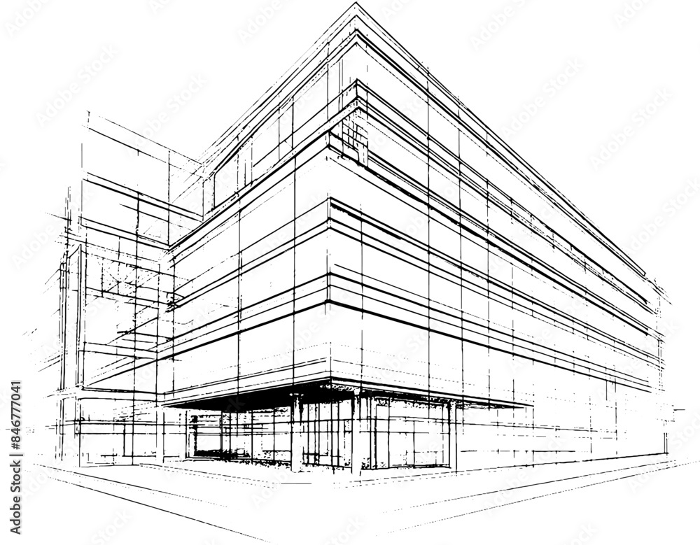 Poster distressed sketch of building with dust on isolated background. architectural sketch of a house. lin