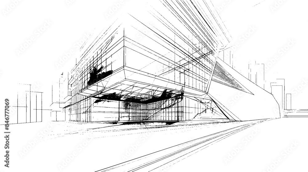 Aufkleber distressed sketch of building with dust on isolated background. architectural sketch of a house. lin