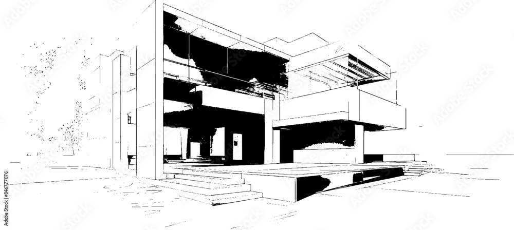 Poster distressed sketch of building with dust on isolated background. architectural sketch of a house. lin
