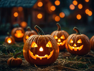 Fototapeta premium Glowing pumpkin decorations of the city for the holiday. Halloween concept. Background with selective focus