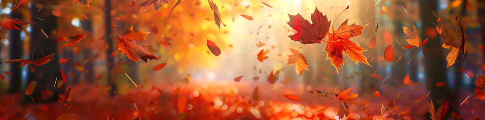Autumn background with flying leaves on blurred forest backdrop