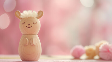 Linda boneca de alpaca de madeira em fundo rosa desfocado com copyspace