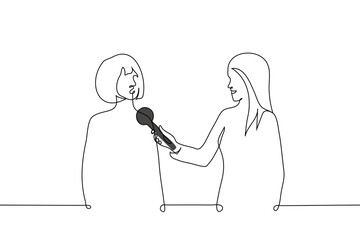 woman giving an interview to another smiling woman - one line art vector. interview concept, eyewitness commentary, social street survey © Kamila Bay