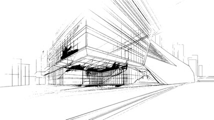 Distressed sketch of building with dust on isolated background. Architectural sketch of a house. linear sketch modern building on light gray background