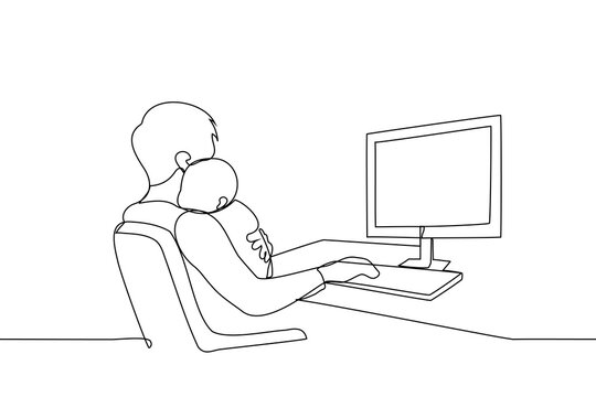 recommend clip art: man with a baby in his arms sits at a computer and types on the keyboard with his free hand one line art vector. concept of maternity leave for men, single father, father's day
