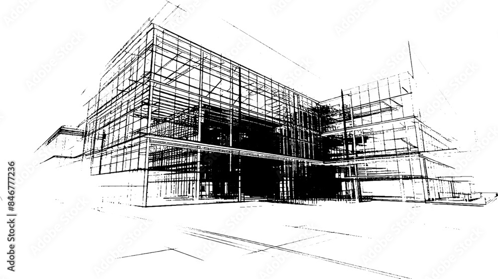 Aufkleber distressed sketch of building with dust on isolated background. architectural sketch of a house. lin