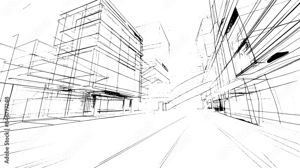 Aufkleber distressed sketch of building with dust on isolated background. architectural sketch of a house. lin