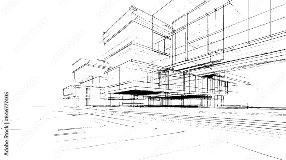 Fototapete distressed sketch of building with dust on isolated background. architectural sketch of a house. lin