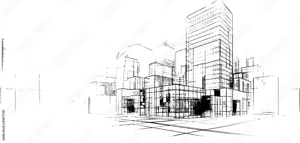 Aufkleber distressed sketch of building with dust on isolated background. architectural sketch of a house. lin