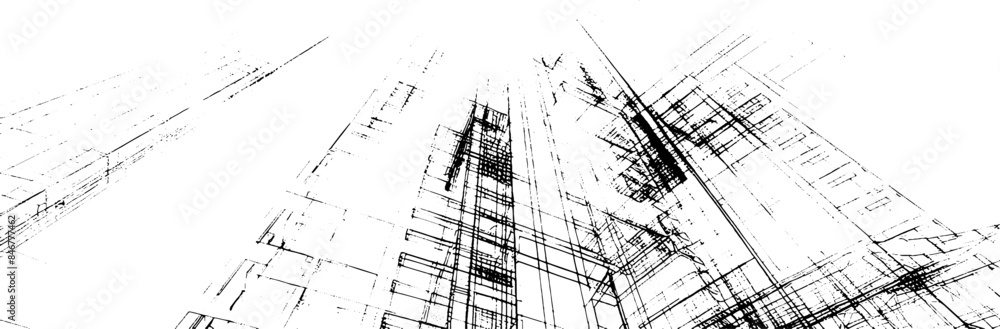 Poster distressed sketch of building with dust on isolated background. architectural sketch of a house. lin