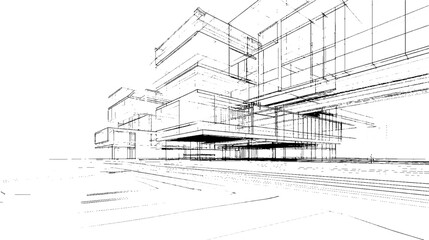 Distressed sketch of building with dust on isolated background. Architectural sketch of a house. linear sketch modern building on light gray background