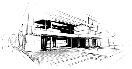 distressed sketch of houses on a white background. architectural sketch of a house. Vector Linear architectural sketch modern detached house