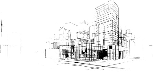 Fototapeta premium Distressed sketch of building with dust on isolated background. Architectural sketch of a house. linear sketch modern building on light gray background