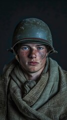 Fototapeta premium A Somber and Realistic Portrait of a Young German Soldier with a Dirty and Tired Expression, Wearing a Helmet and Scarf, Against a Dark Background