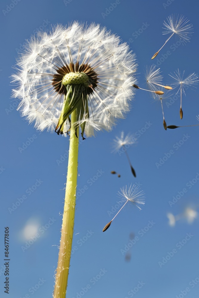Poster dandelion seeds floating in air on soft blue background with beautiful bokeh effects