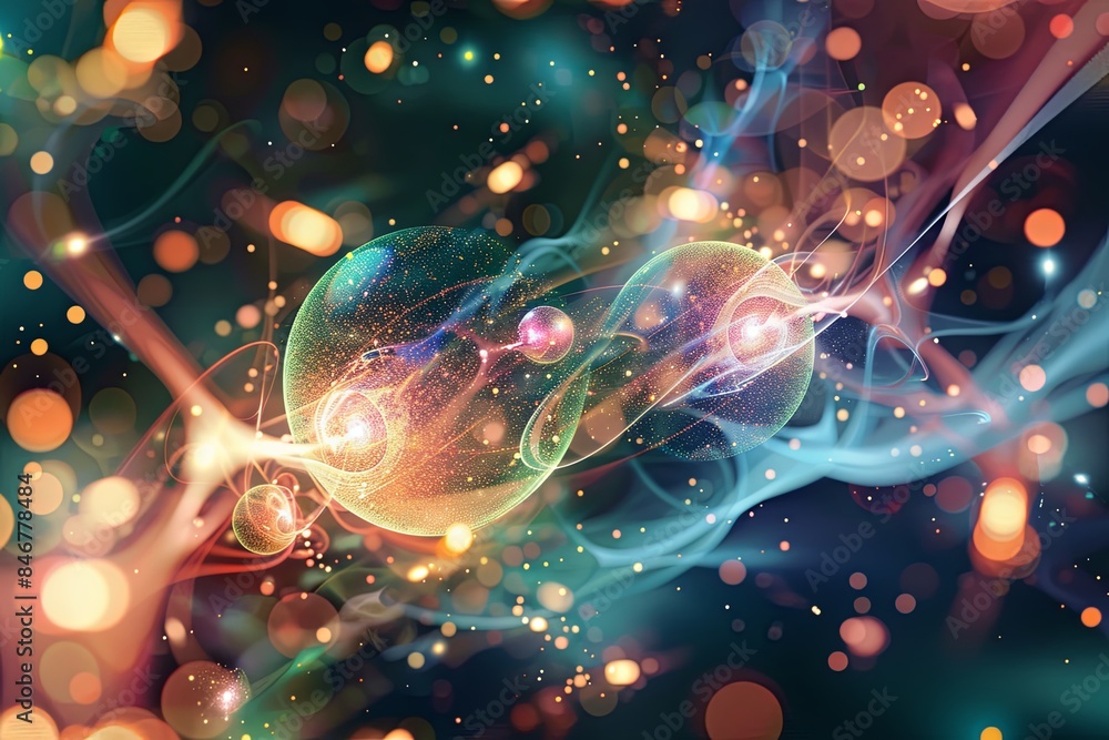 Poster abstract digital art depicting colorful particles in motion against a dark background. generative ai