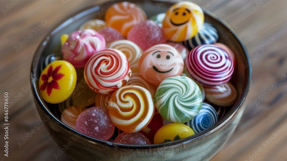 Poster smiling candies arranged in a decorative bowl, adding a cheerful touch to any tabletop.