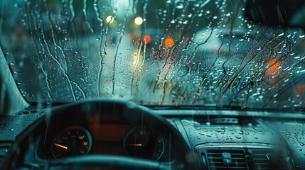 rain water on car's window, driving in rainy weather 