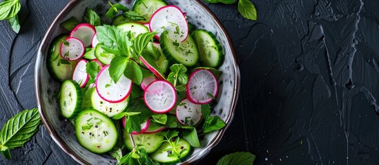 Refreshing salad made with cucumbers, radishes, and herbs from above.