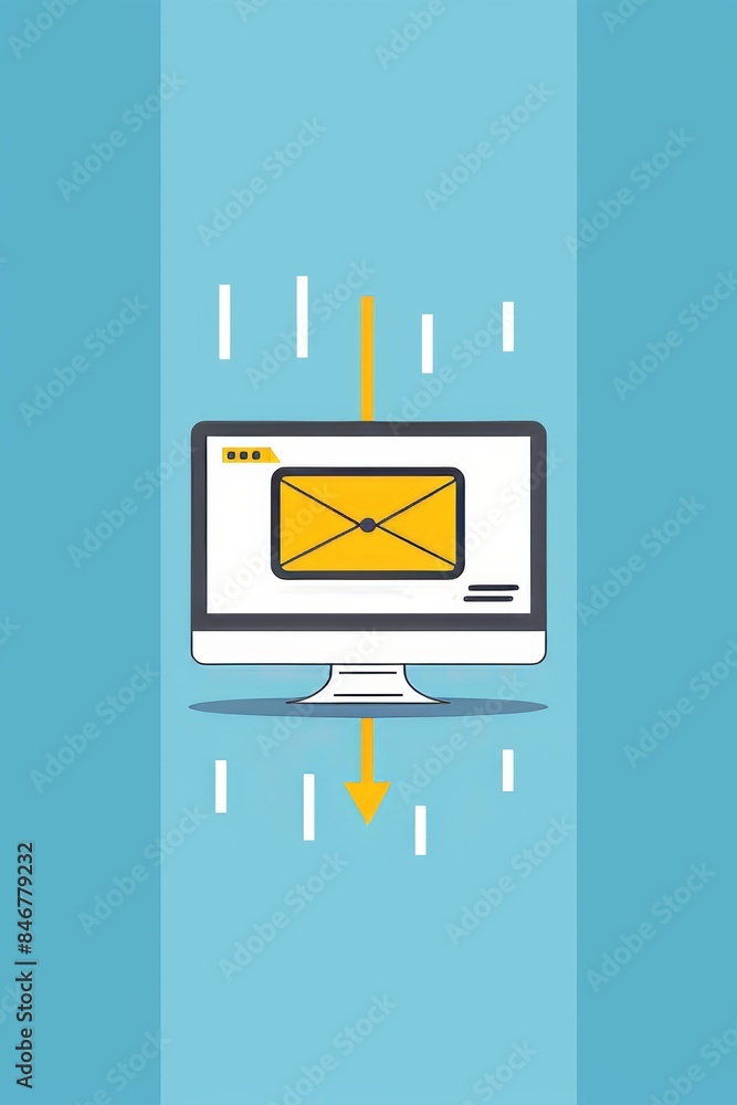 Poster white envelope with arrow pointing at computer screen, representing email delivery