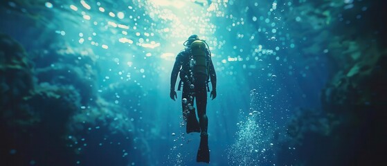 A scuba diver underwater, surrounded by rays of sunlight, amidst a deep blue oceanic landscape with bubbles rising to the surface.