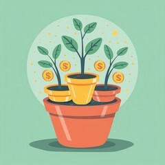 Illustration of plants growing in pots with coins representing growth and investment. Perfect for finance, business, and sustainability concepts.