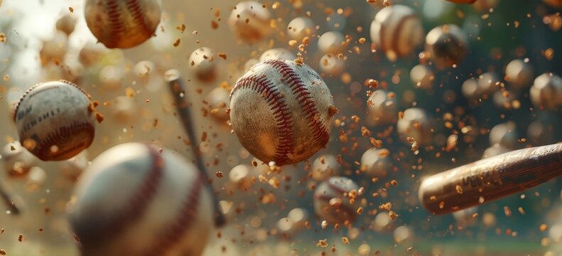 A group of baseballs in mid air from a baseball bat