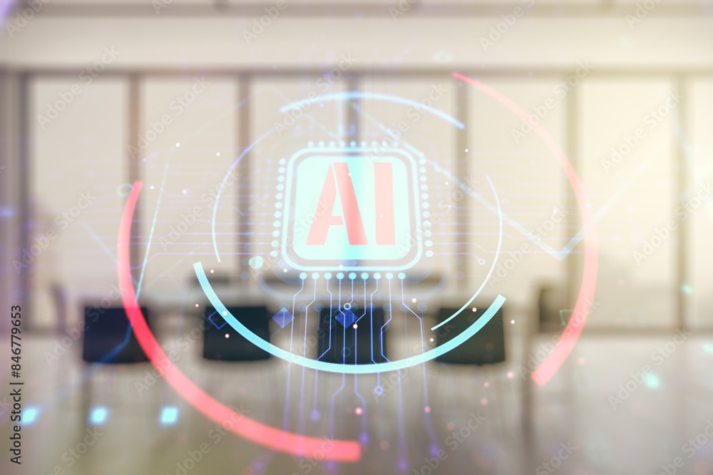 Poster double exposure of creative artificial intelligence abbreviation hologram on a modern boardroom back