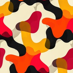 Seamless Modern Pattern of Overlapping Organic Shapes in Shades of Red, Orange, Yellow, and Black with Gradient Effect on Light Cream Background for Fabric, Wallpaper, or Wrapping Paper