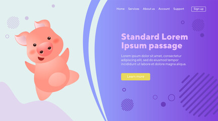 Cheerful carefree pink pig character. Excited cartoon character dancing, having fun. Symbol of year concept. Can be used for website design, landing page, banner