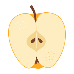 Yellow apple cut in half. One piece of fresh fruit with seeds. Apple half icon. Hand drawn Trendy flat style Isolated on transparent background. Vector illustration