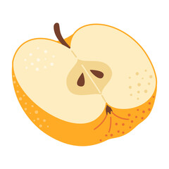 Yellow apple cut in half. One piece of fresh fruit with seeds. Apple half icon. Hand drawn Trendy flat style Isolated on transparent background. Vector illustration