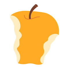 Yellow juicy bitten apple. Apple eaten cartoon image art. Hand drawn trendy flat style isolated on transparent background. Healthy vegetarian snack, bitten apple for design. Vector illustration