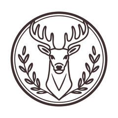 illustration of a deer head inside a circular frame with leaves or branches around it