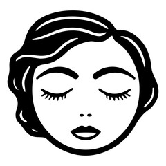 A close-up illustration of a young woman's face with closed eyes and stylized black hair