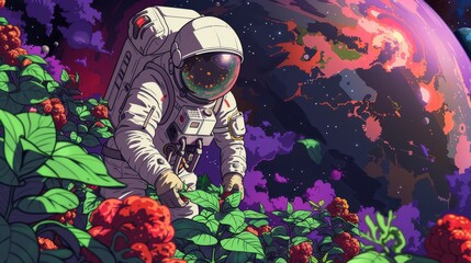 Space farmer in an astronaut suit tending to crops against a psychedelic backdrop, emphasizing the criminal element of space agriculture.