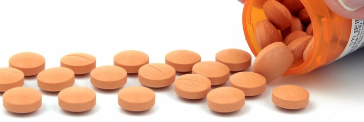 Hand reaching for pills with spilled bottle, focus on medication, white background close up