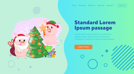 Cheerful pigs wearing Christmas costumes, decorating fir tree. Celebrating concept. Vector illustration can be used for banner design, festive poster, landing page