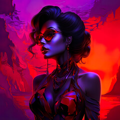 portrait of a black woman with glasses in illustration art with warm colors