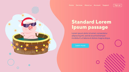 Christmas cartoon pig wearing sunglasses enjoying spa resort and having bath outdoors. Christmas vacation concept. Vector illustration can be used for poster, website or landing page design