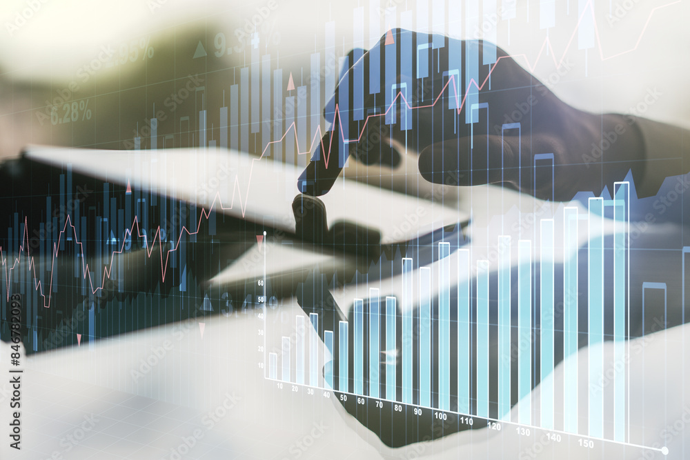 Aufkleber abstract creative financial graph with finger clicks on a digital tablet on background, forex and in