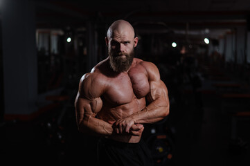 Caucasian bald man posing in the gym.