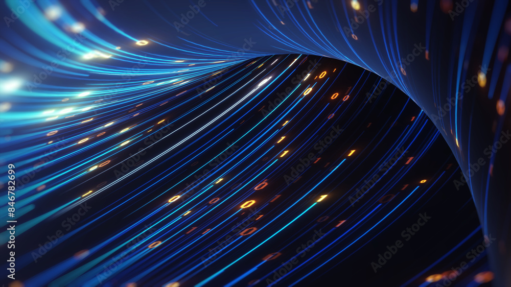 Poster big data concept. abstract dark blue orange fast moving binary computer data. high speed motion, art