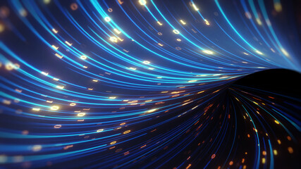 Big Data concept. abstract dark blue orange fast moving binary computer data. High speed motion, artificial intelligence, Technology, machine learning, big data, virtualizatio, futuristic, data flow 