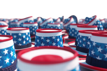 Fototapeta premium Row Of Hats With Stars And Stripes On Them, Independence Day, 3D Render, Illustrations, Isolated On A Transparent Background. 