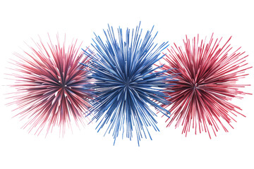 Three Fireworks Are Lit Up In The Sky, With Red, White, And Blue Colors, Independence Day, 3D Render, Illustrations, Isolated On A Transparent Background.	