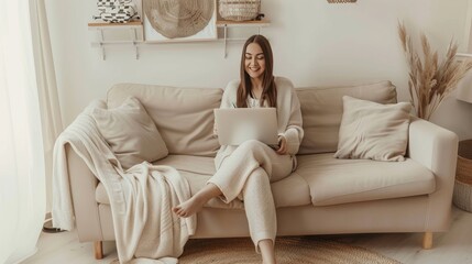 Obraz premium Woman sitting on a comfortable beige sofa, working on a laptop in a cozy, minimalist living room environment.