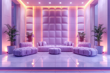 A neon pink and black checkered hallway with neon signs and neon lights